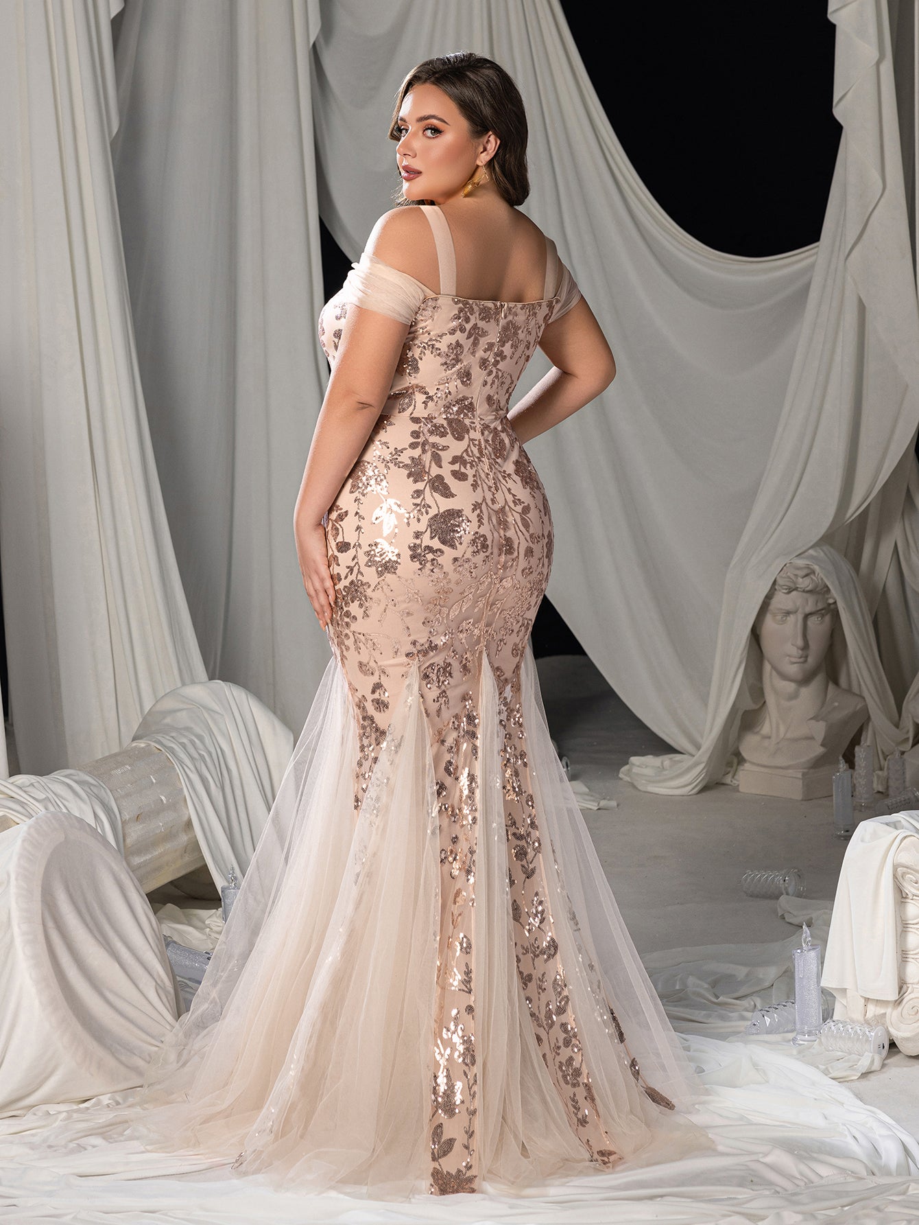Plus Square-Neck Cold-Shoulder Mermaid Gown with Floral Sequin Embroidery & Tulle Details