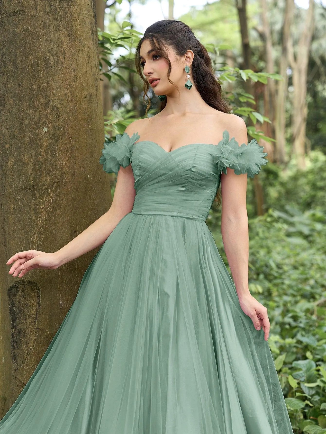 Elegant Off Shoulder Ruched Bust Split Thigh Tulle Prom Dress - Elonnashop