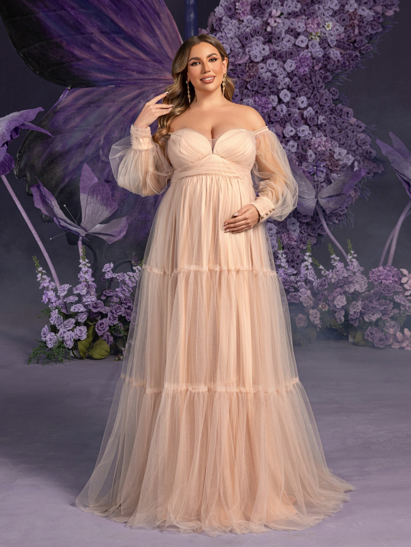Plus Maternity Off Shoulder Bishop Sleeves Layered Tulle Photography Dress