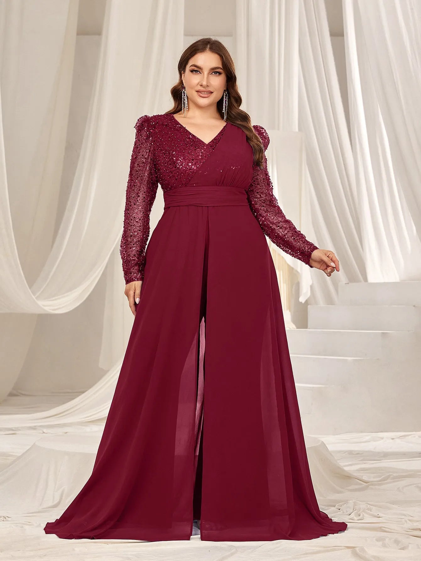 Plus Gigot Sleeves Chiffon Overlay Sequin Prom Jumpsuit