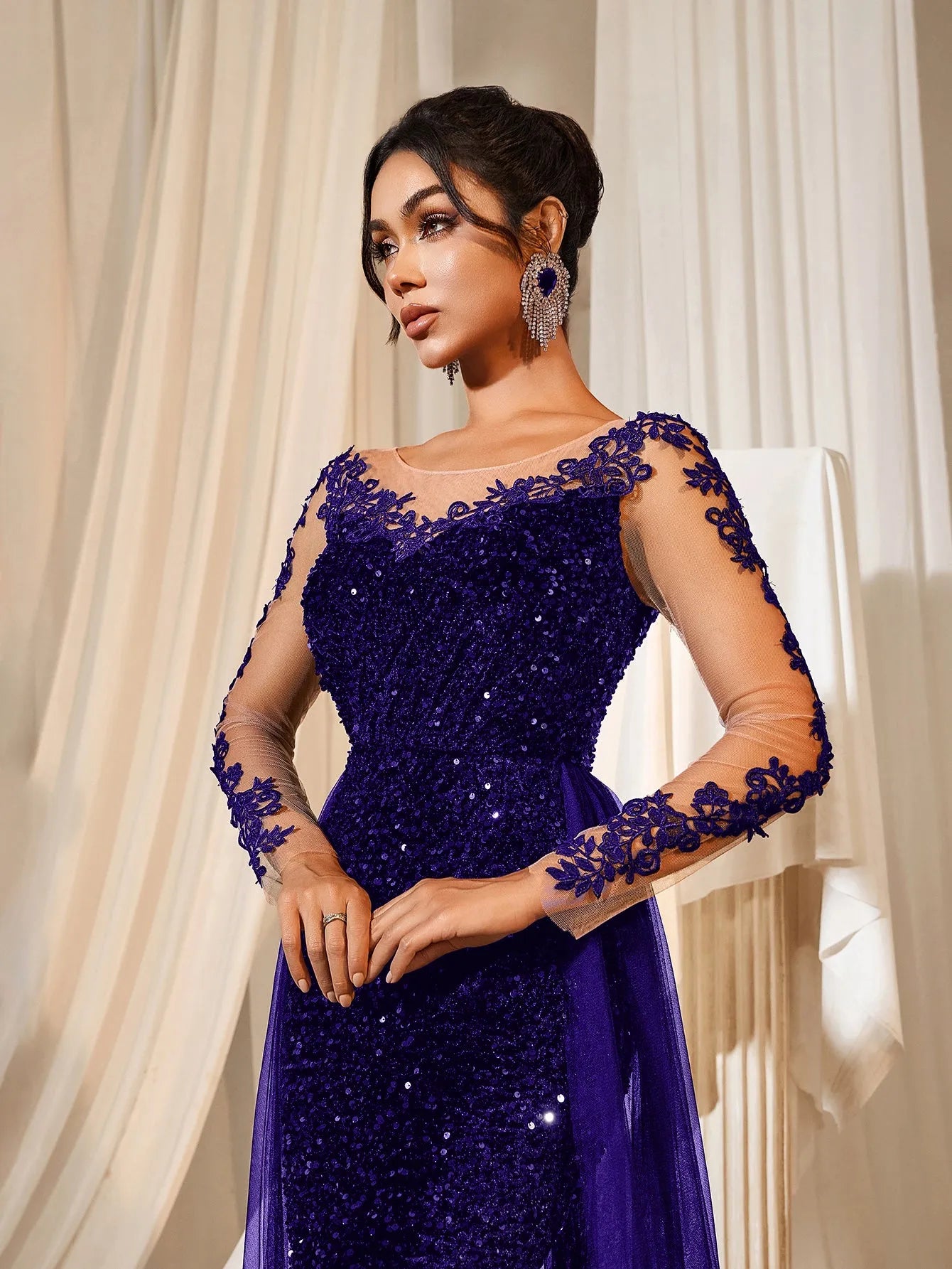 Elegant Sheer Sleeves Mesh Train Sequin Evening Dress Burgundy / L Elegant Sheer Sleeves Mesh Train Sequin Evening Dress Burgundy / L