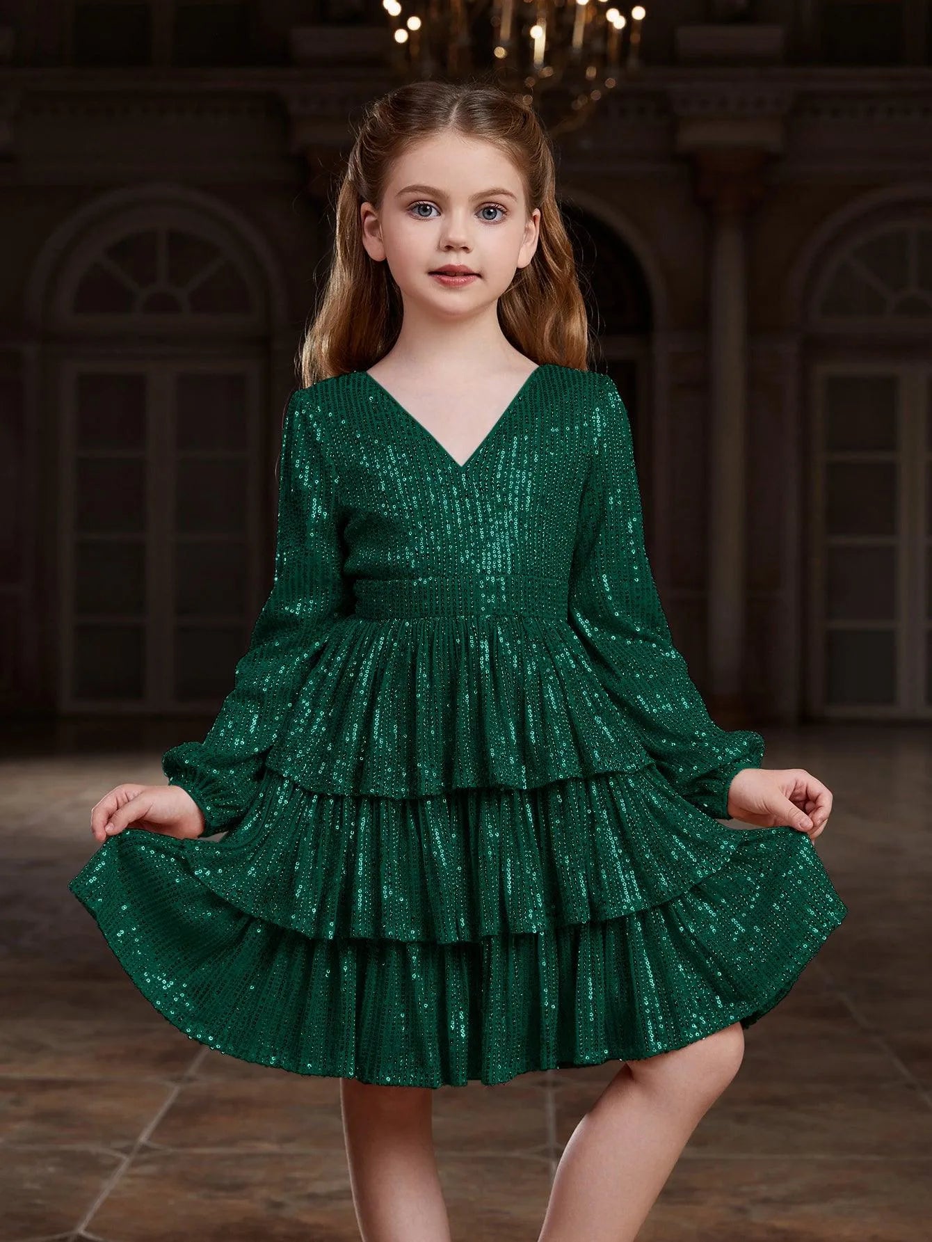 Tween Girls' Backless V Neck Layered Hem Sequin Party Dress - Elonnashop