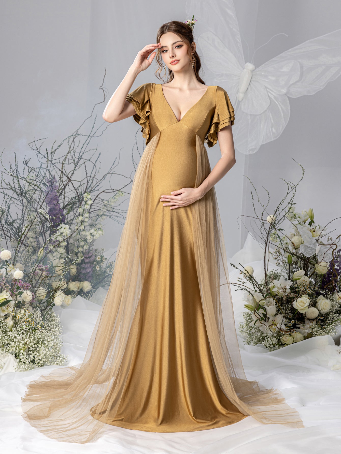 Maternity Plunging Neck Layered Ruffle Sleeve Mermaid Dress Gold / M Maternity Plunging Neck Layered Ruffle Sleeve Mermaid Dress Gold / M