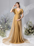 Maternity Plunging Neck Layered Ruffle Sleeve Mermaid Dress