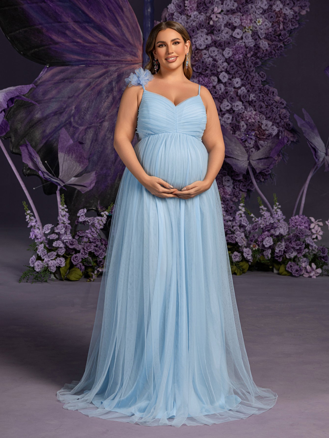 Plus Maternity Gown with Floral Shoulder Accent & V Neck Design – Elegant 1XL-5XL Pregnancy Photoshoot Dress