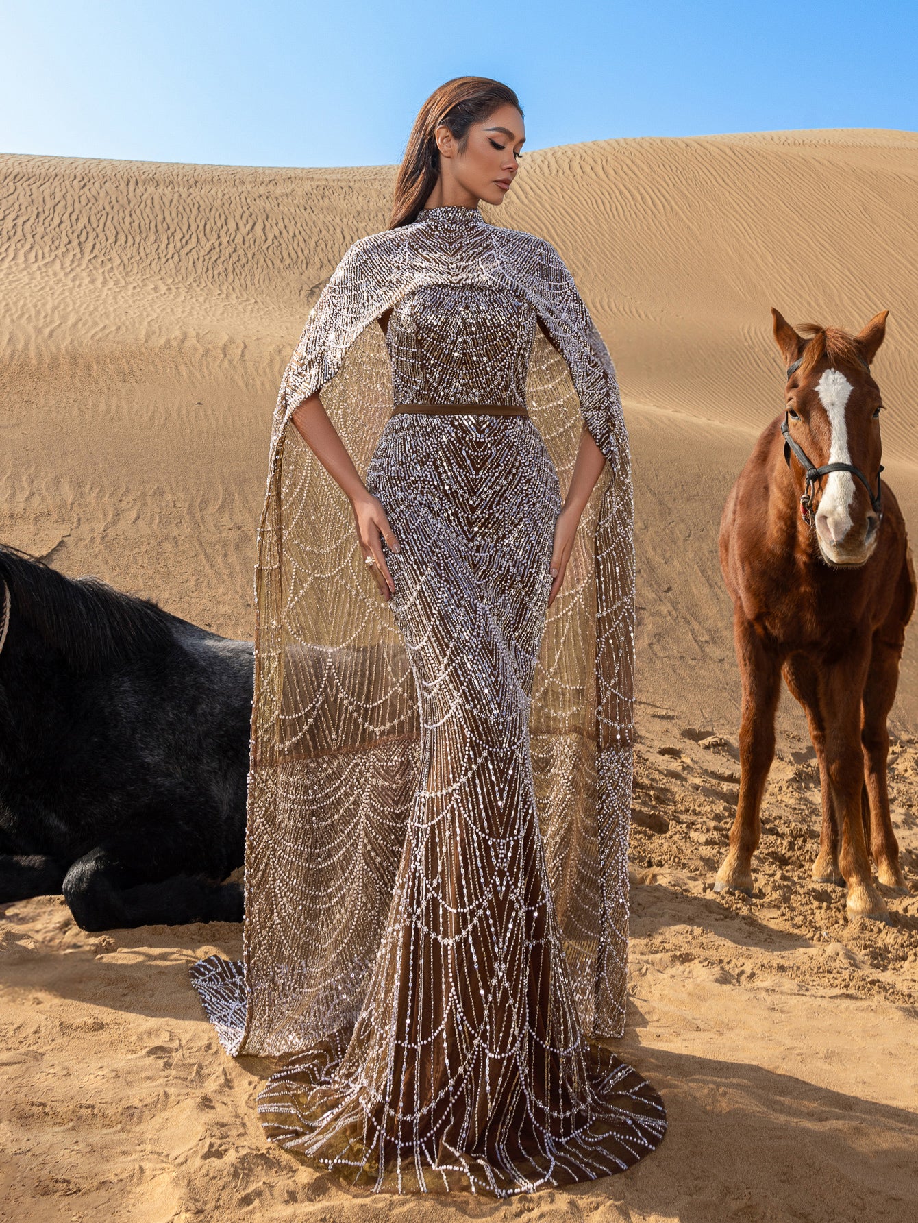 Luxury Gorgeous Mock Neck Mermaid Hem Beaded Sequin Cape Dress