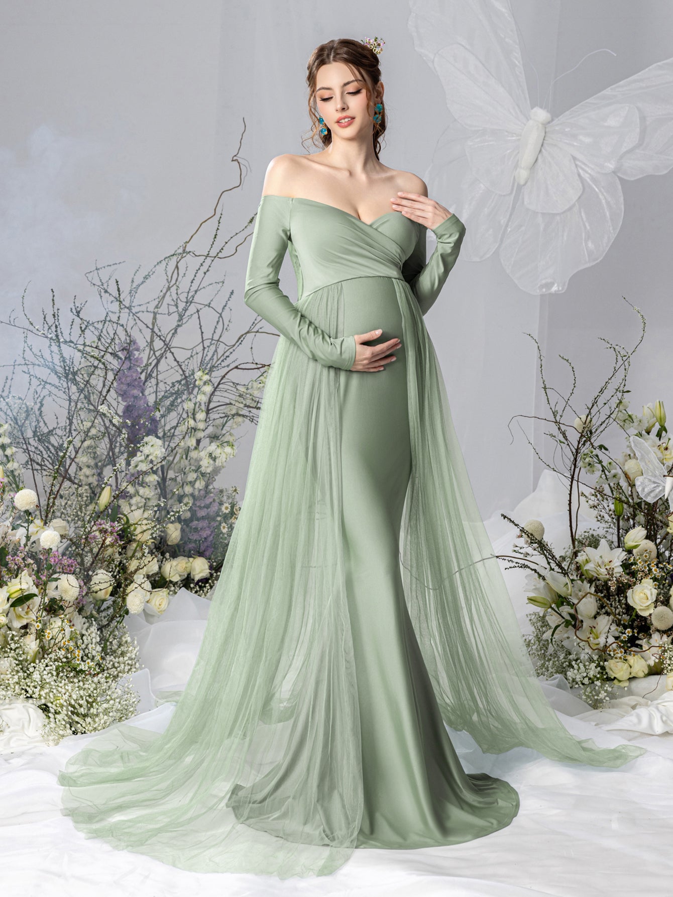 Maternity Off Shoulder Contrast Mesh Mermaid Dress