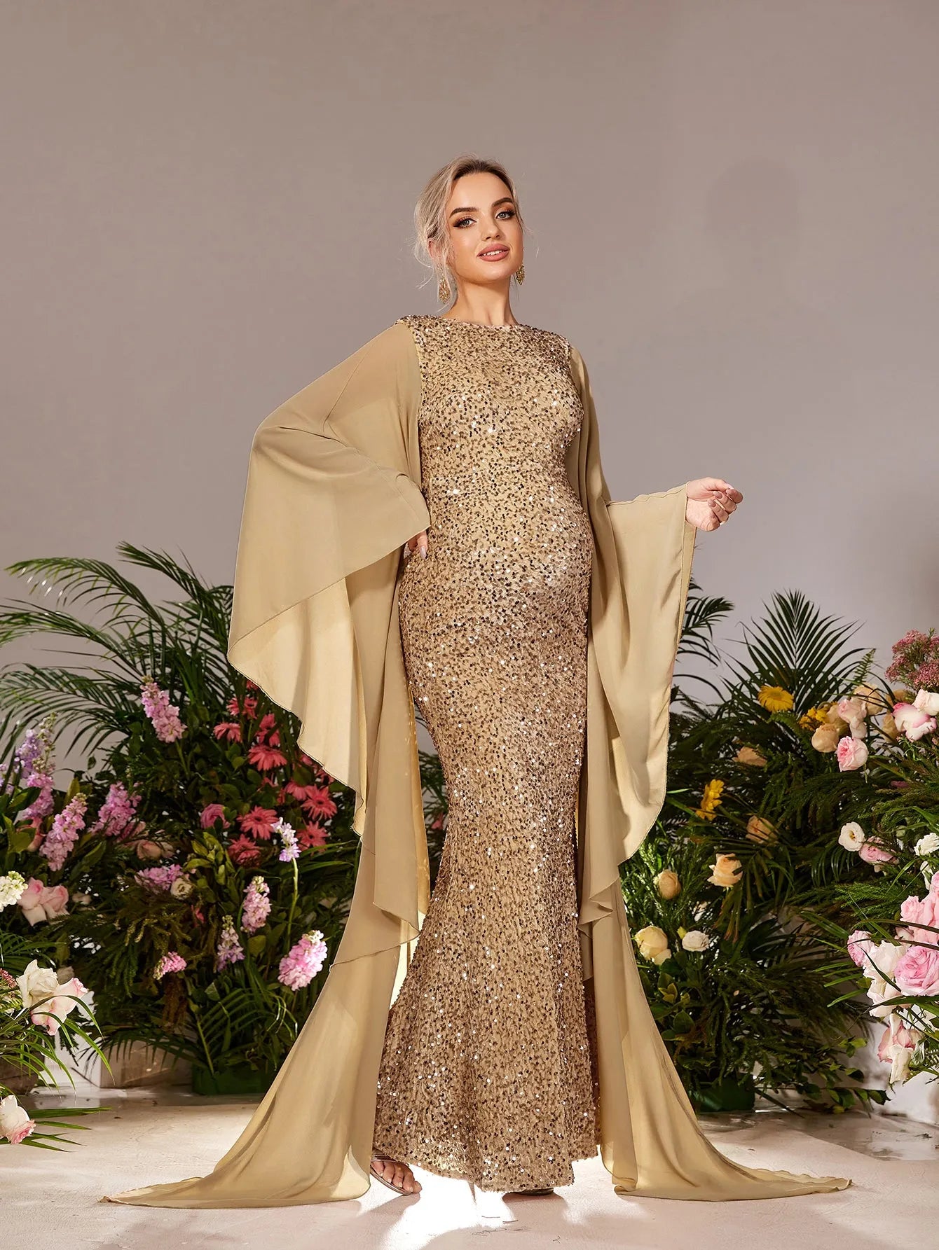 Maternity Flowing Sleeves Mermaid Hem Sequin Evening Dress