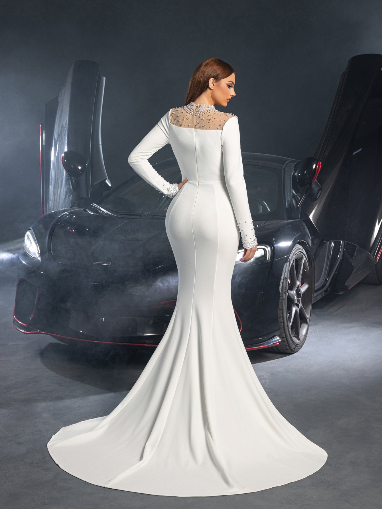 Elegant Pearl Embellished Mock Neck Long Sleeves Mermaid Hem Wedding Dress