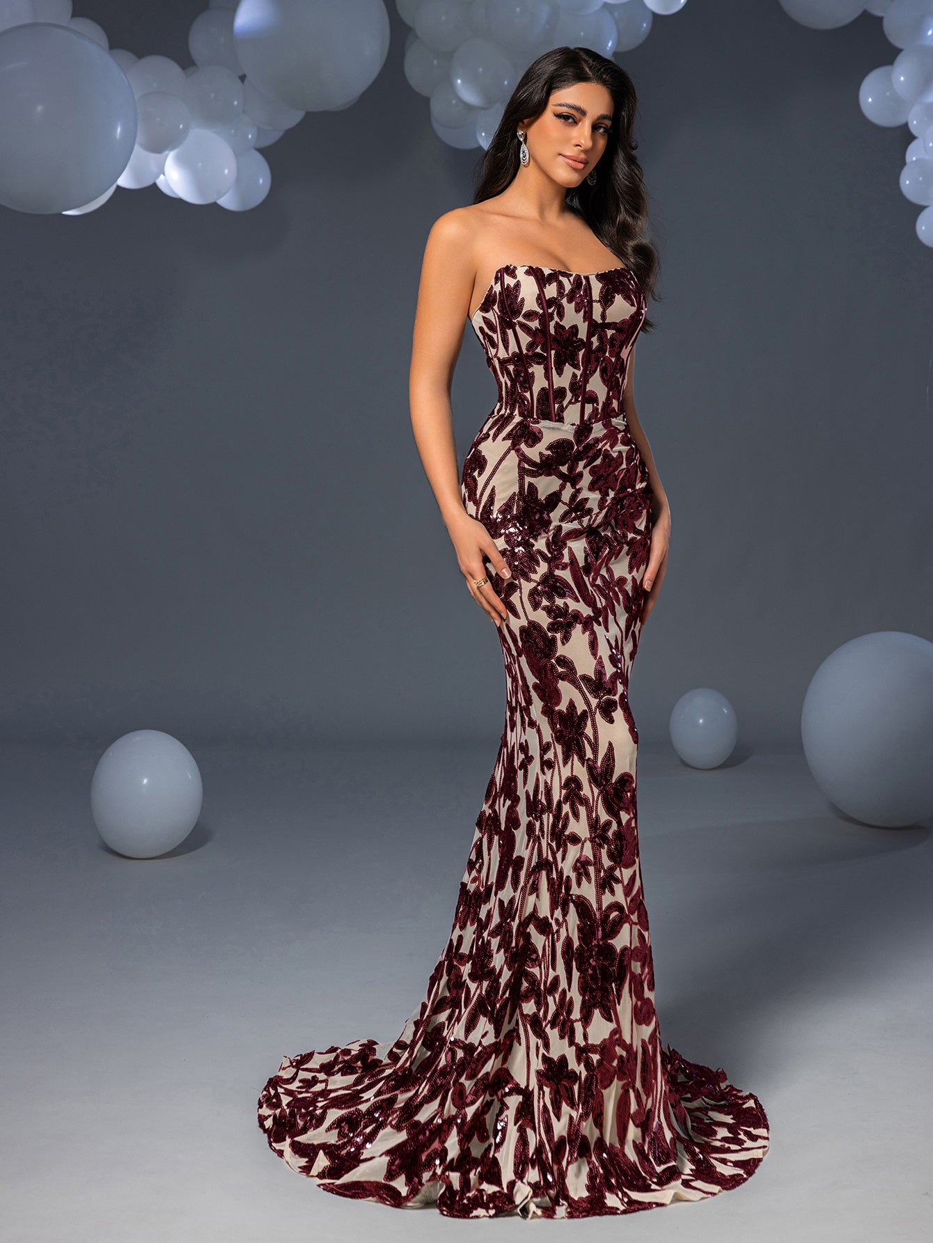 Elegant Strapless Mermaid Hem Floral Sequin Evening Dress