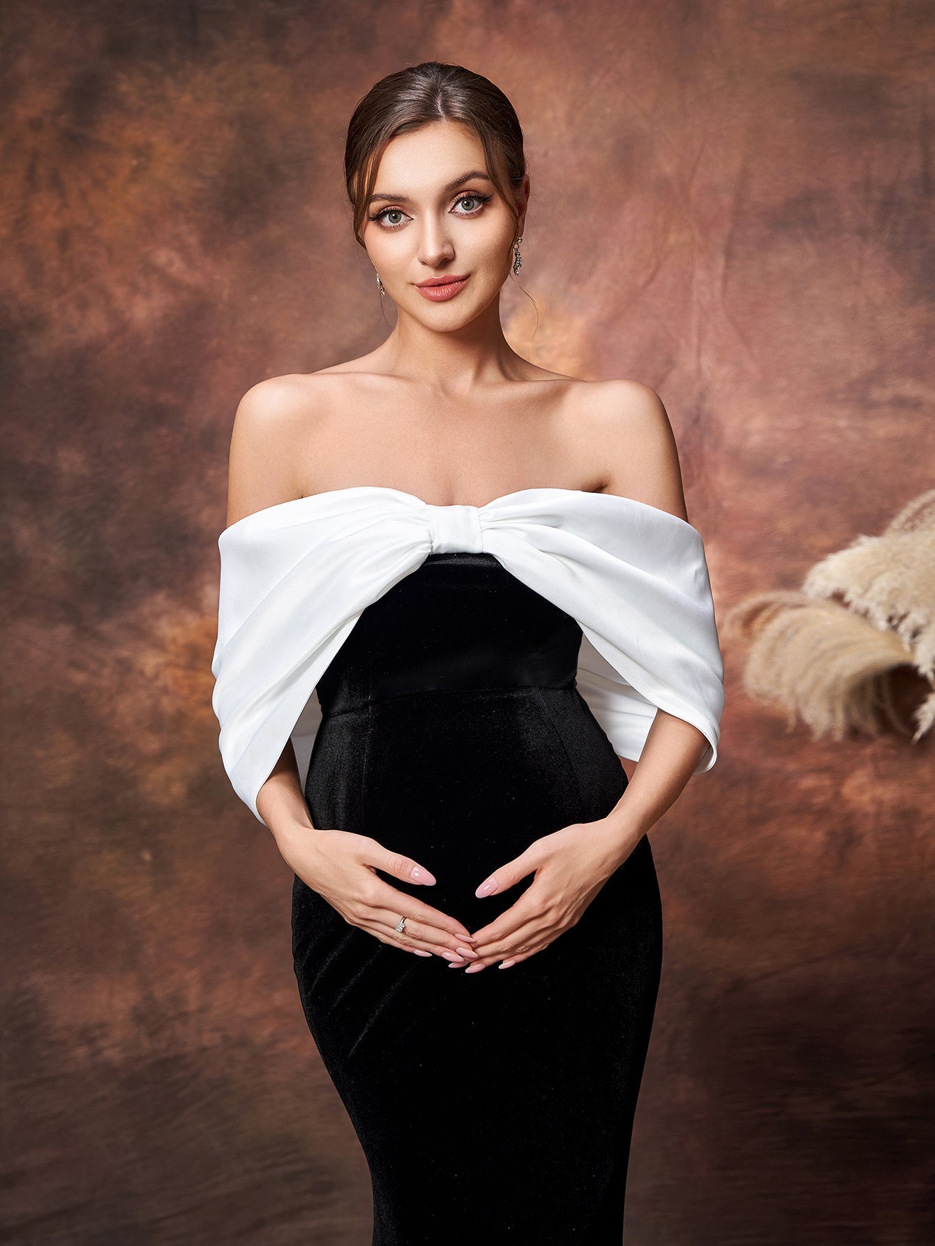 Maternity Color Block Off Shoulder Mermaid Hem Evening Dress