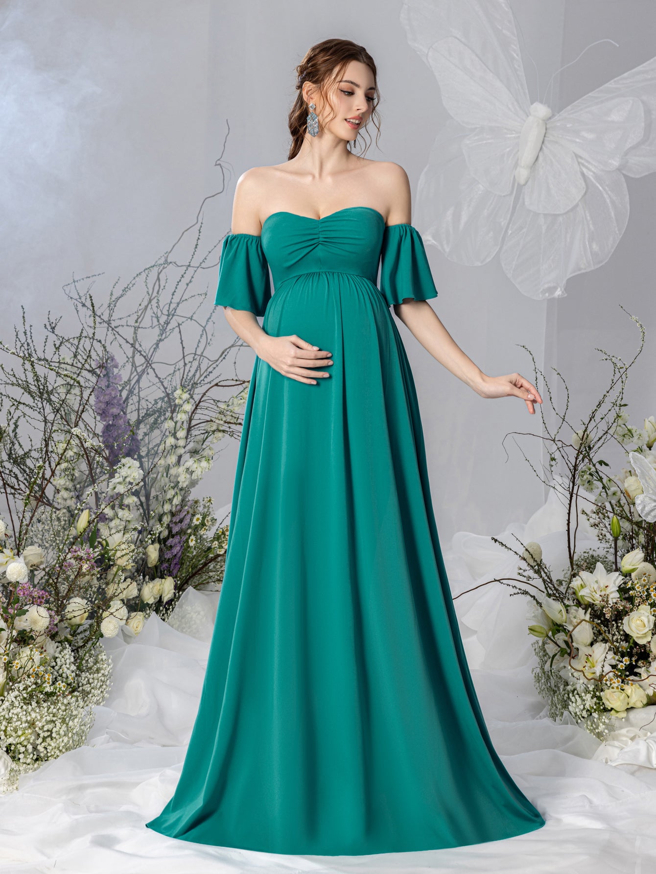 Maternity Off Shoulder Flared Sleeves Maxi Prom Dress