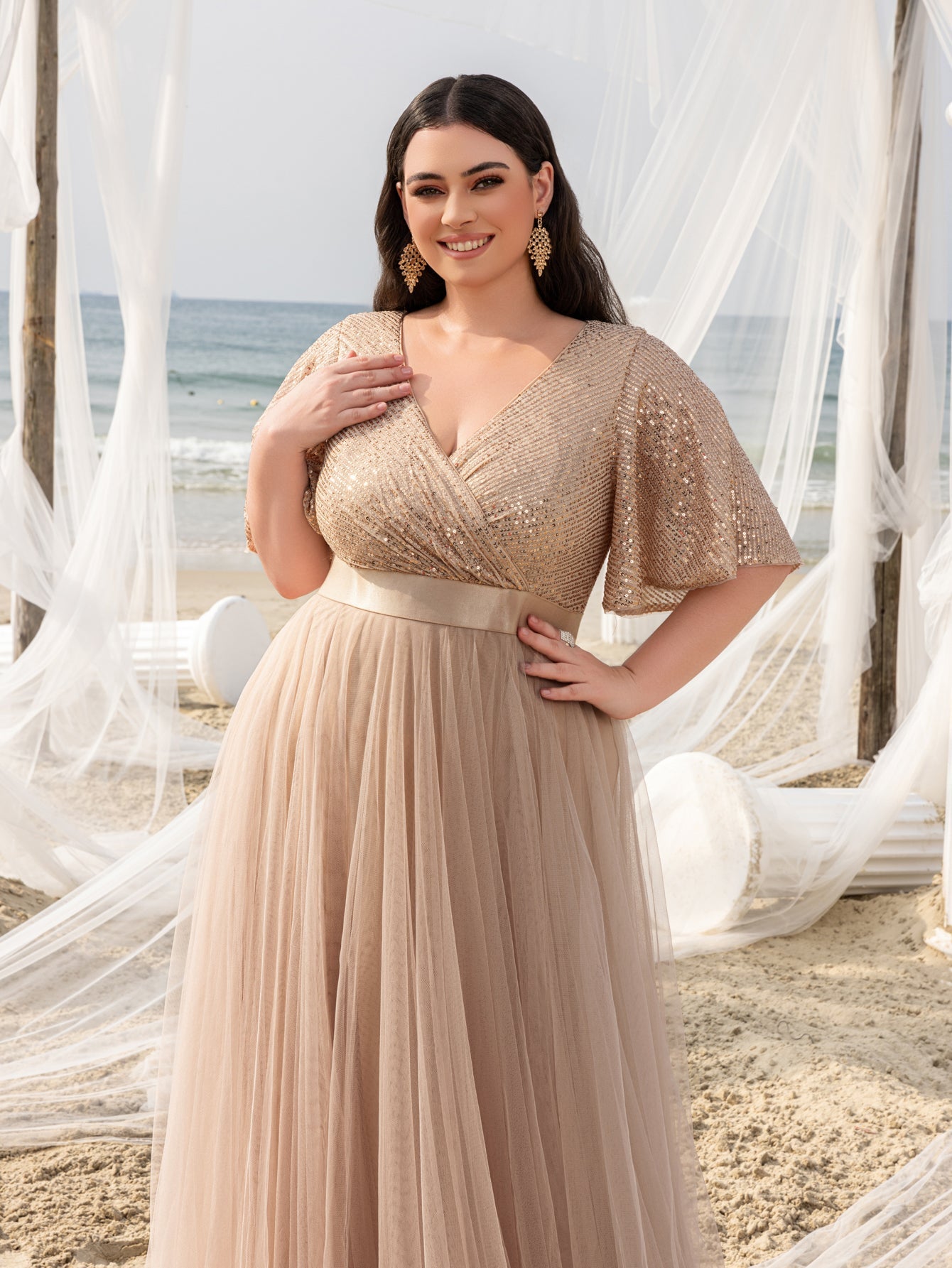 Plus Elegant Surplice Neck Butterfly Sleeves Sequin Evening Dress