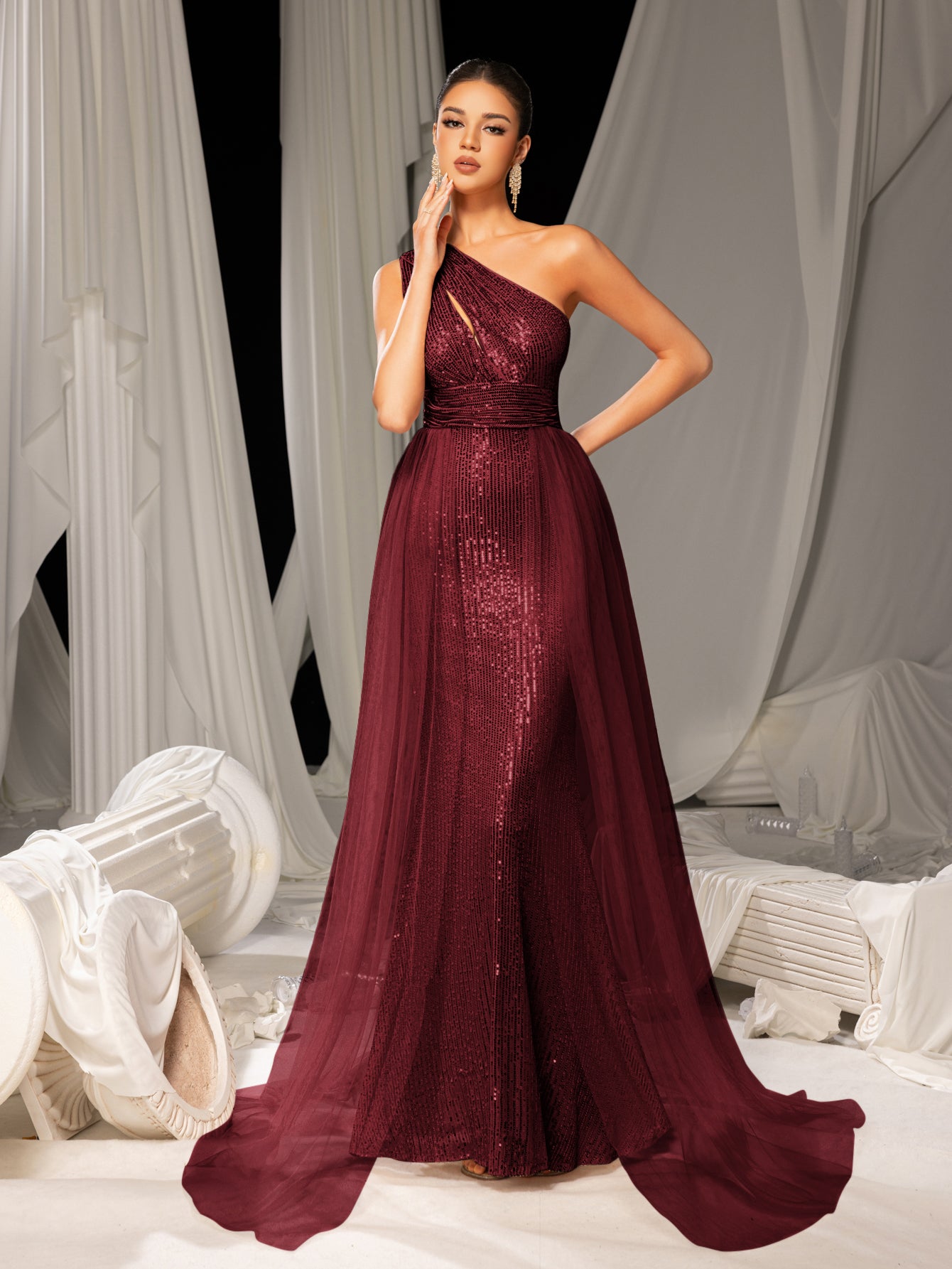 mesh overlay prom dress Long Glitter Prom Dress with Sheer Overskirt- PromGirl Navy / 6