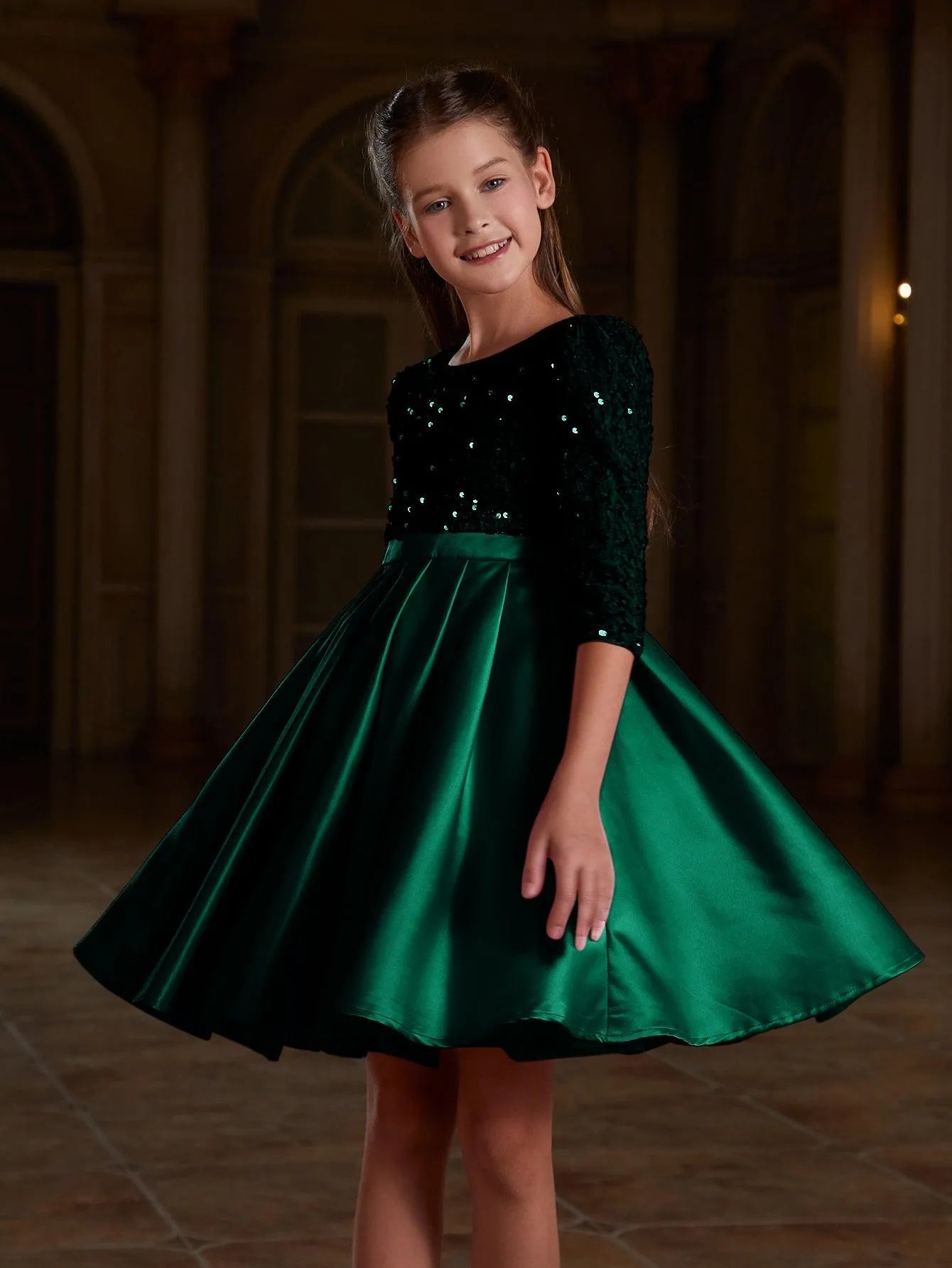 Tween Girls' Sequin Contrast Pleated Satin Hem Dress - Elonnashop