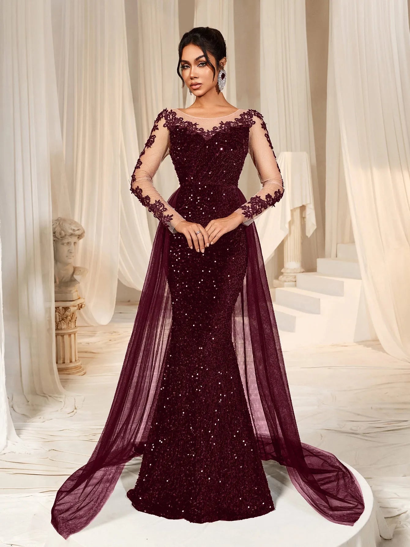 Elegant Sheer Sleeves Mesh Train Sequin Evening Dress Elonnashop Elegant Sheer Sleeves Mesh Train Sequin Evening Dress Elonnashop