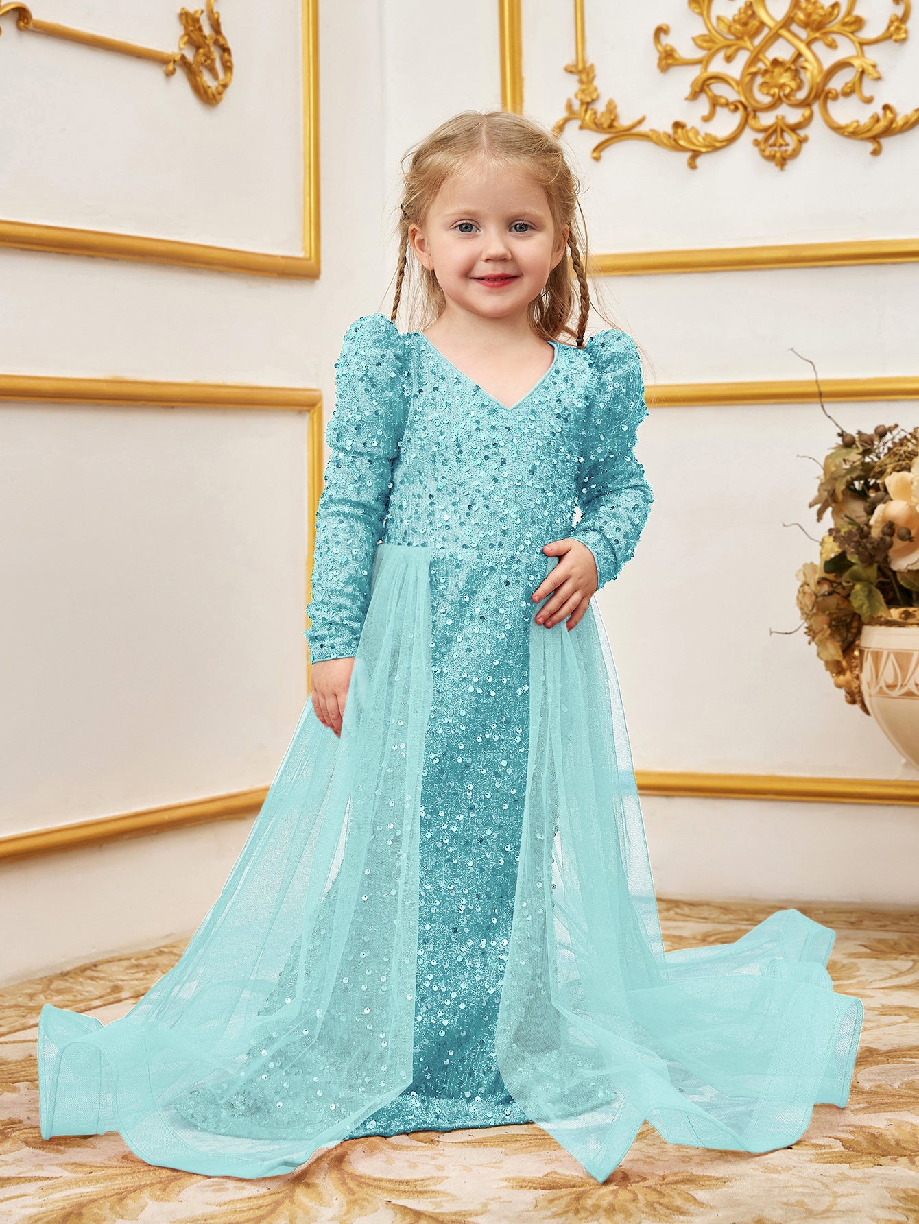 Young Girls' Long Sleeves Mesh Overlay Sequin Mermaid Dress