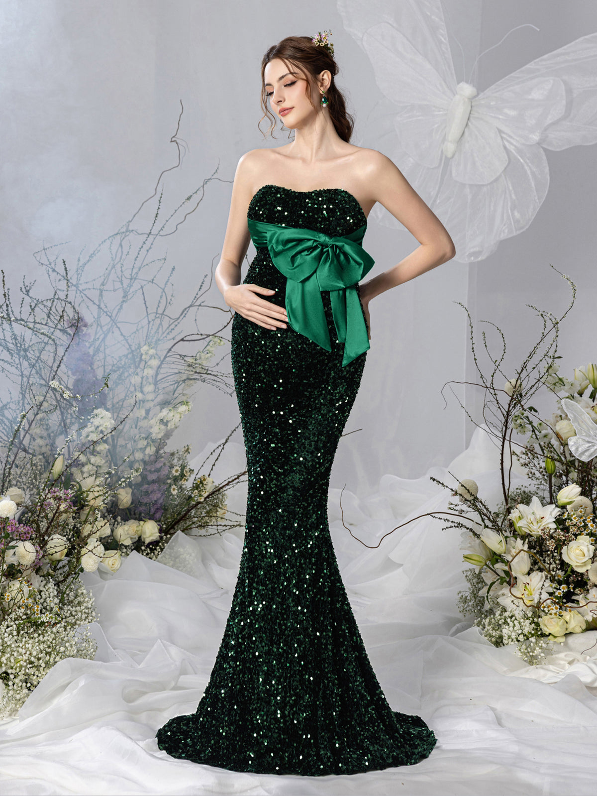 Maternity Bow Front Mermaid Hem Sequin Tube Dresses