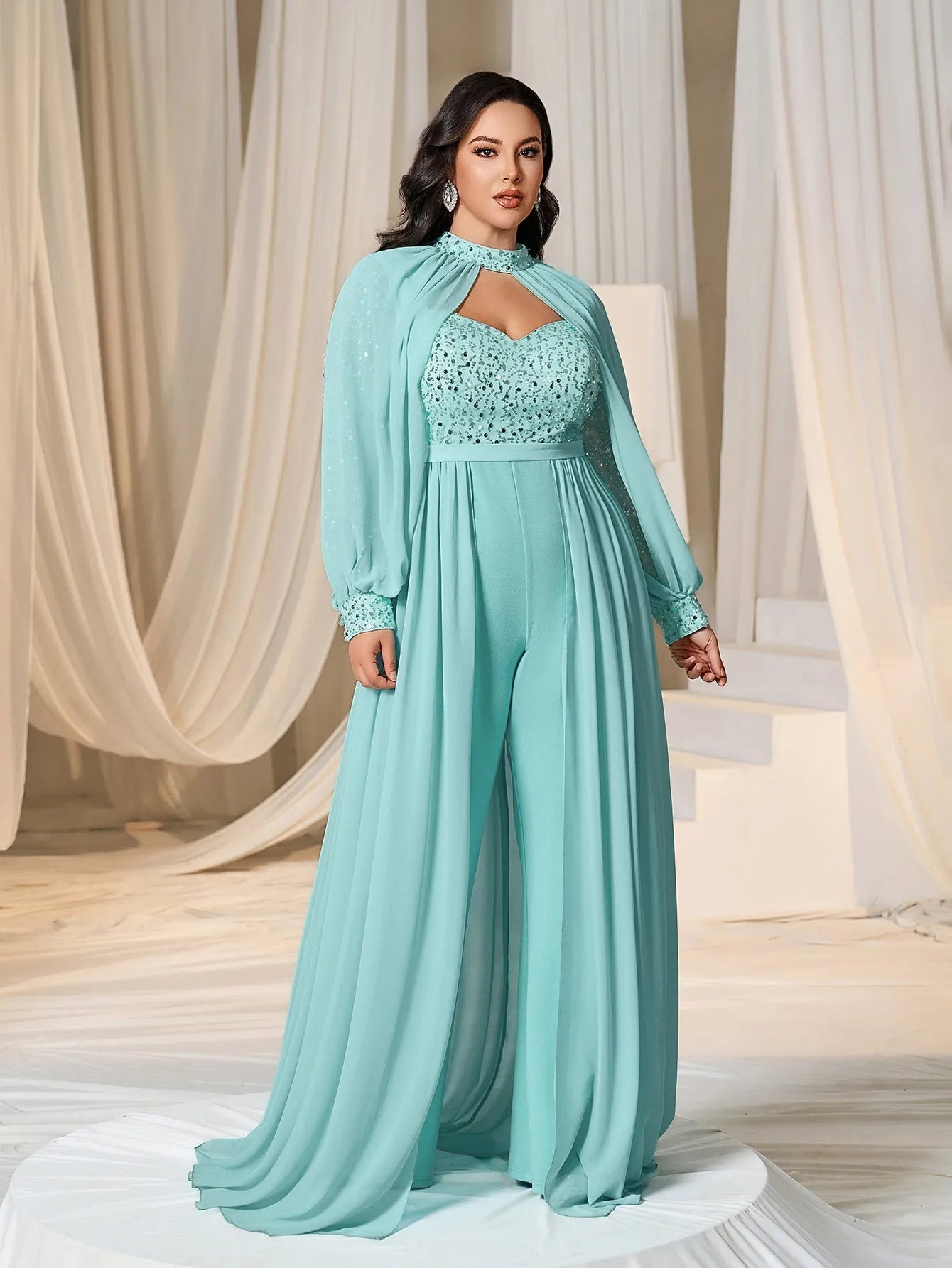 Plus Lantern Sleeves Chiffon Overlay Sequin Party Jumpsuit