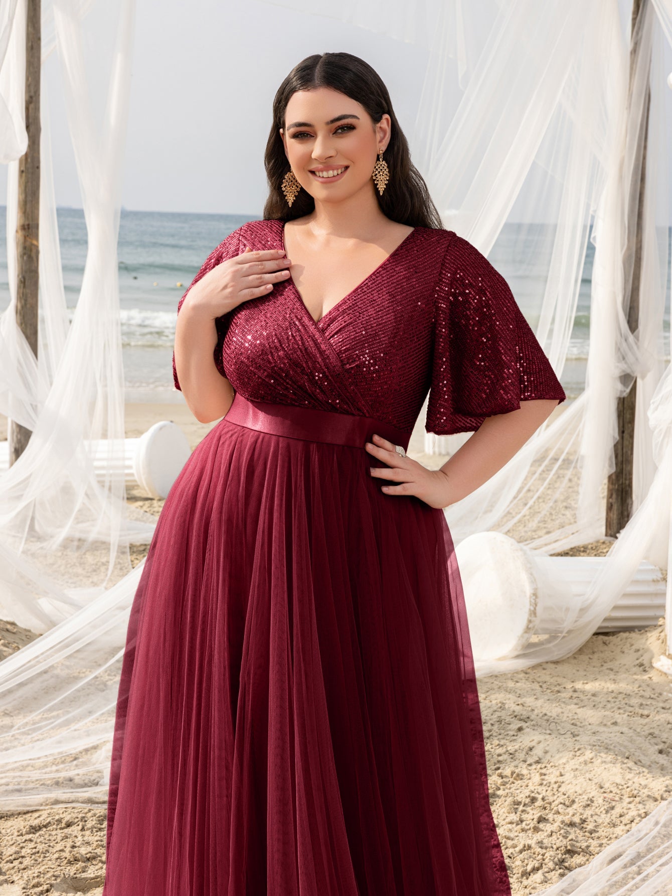 Plus Elegant Surplice Neck Butterfly Sleeves Sequin Evening Dress