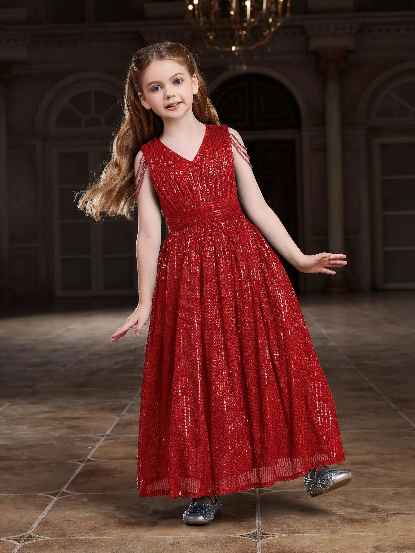 Tween Girls' V Neck Chain Detail Sequin Party Dress - Elonnashop