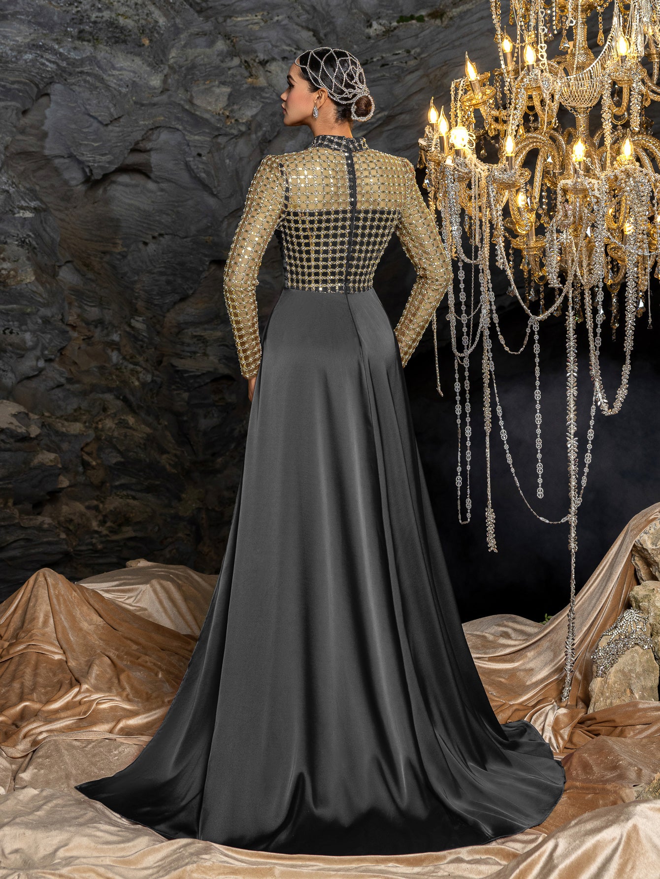Elegant Beaded Sheer Long Sleeve Gown | High Neck & Satin Mermaid Skirt