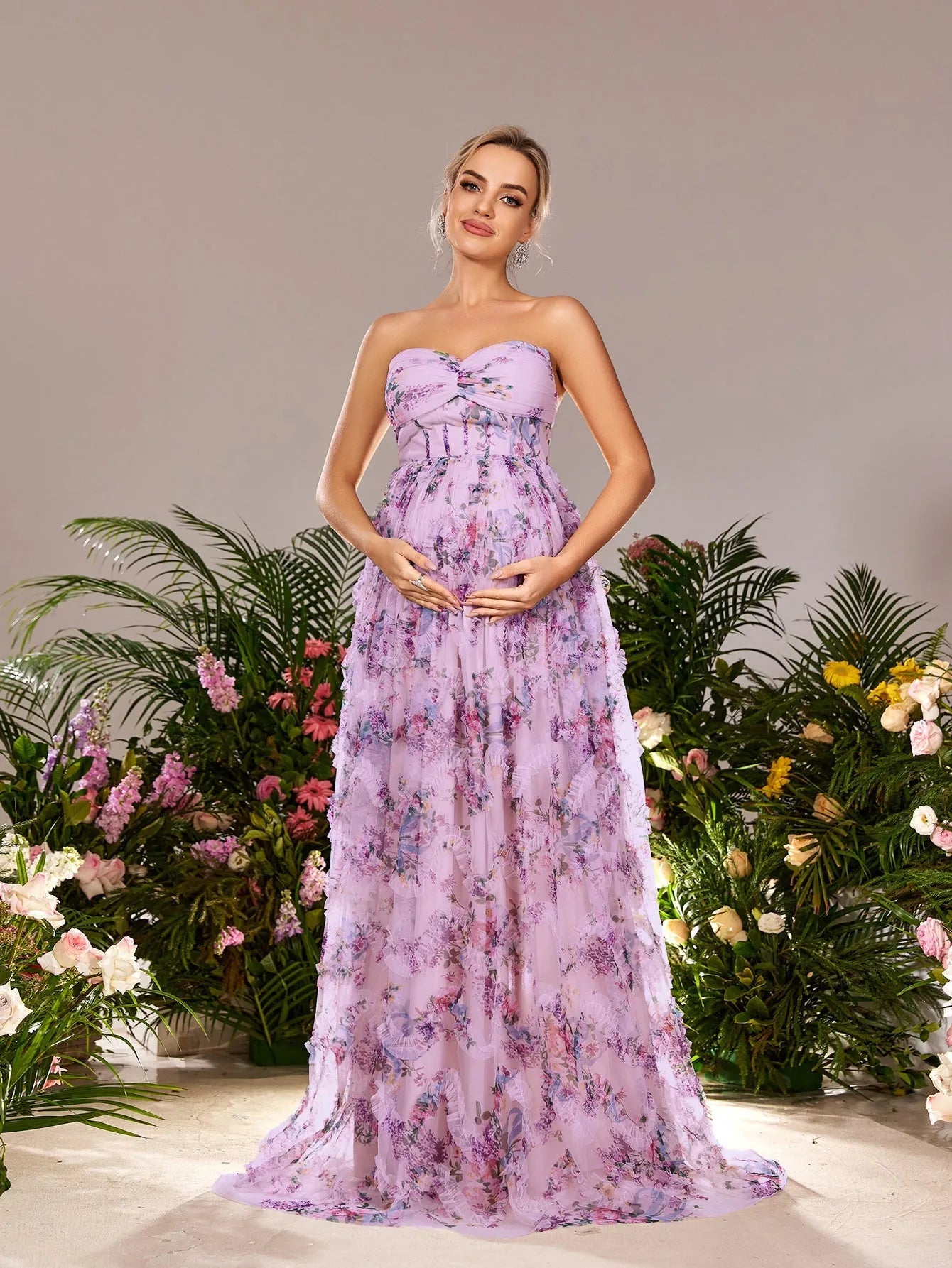 Maternity Strapless Ruffle Trim Floral Mesh Party Dress