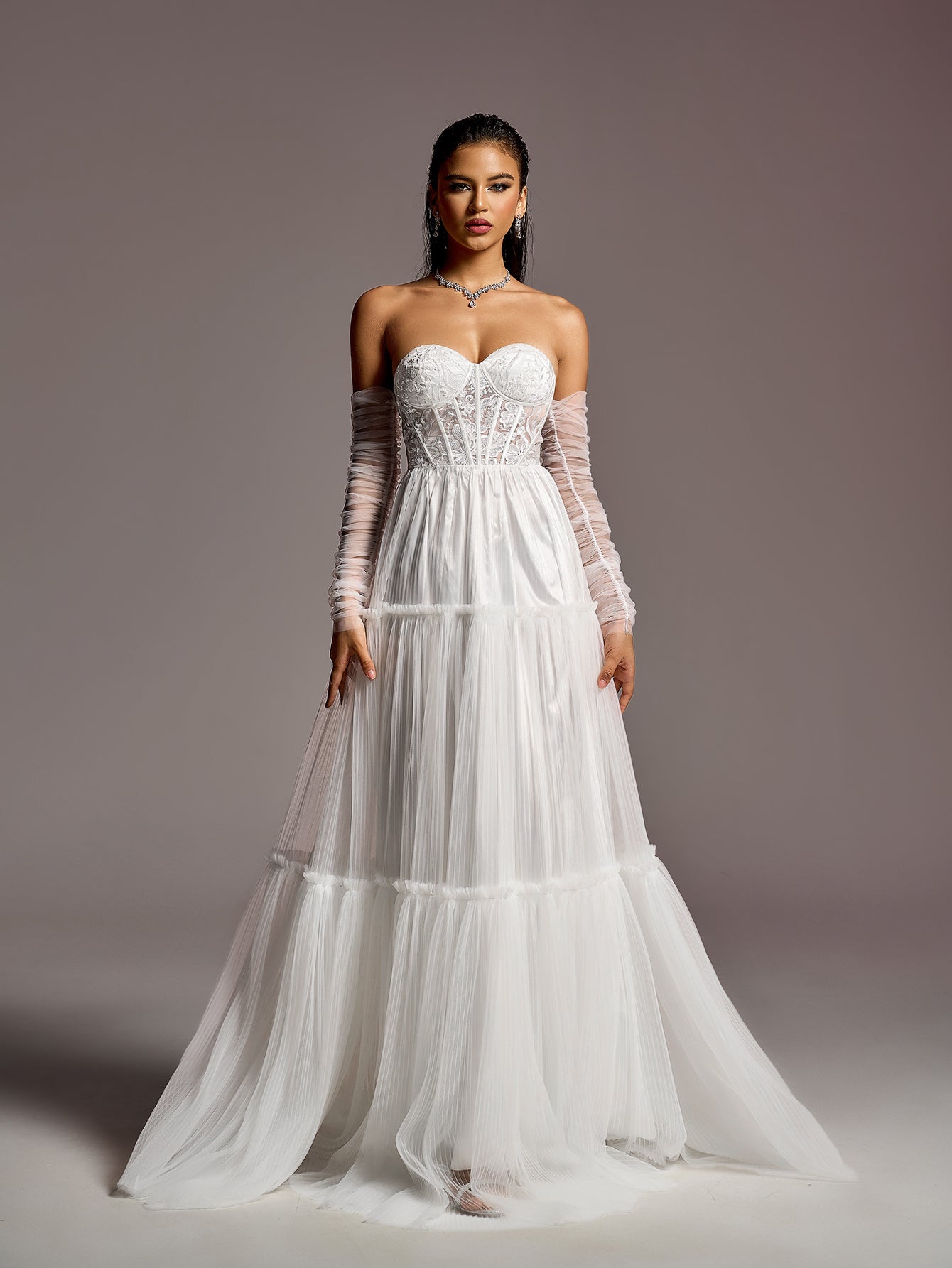 Elegant Lace Corset Bodice Sheer Sleeves A-line Tulle Wedding Dress