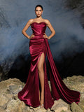 Elegant Strapless Mermaid Hem Satin Evening Dress with Sequin Accents