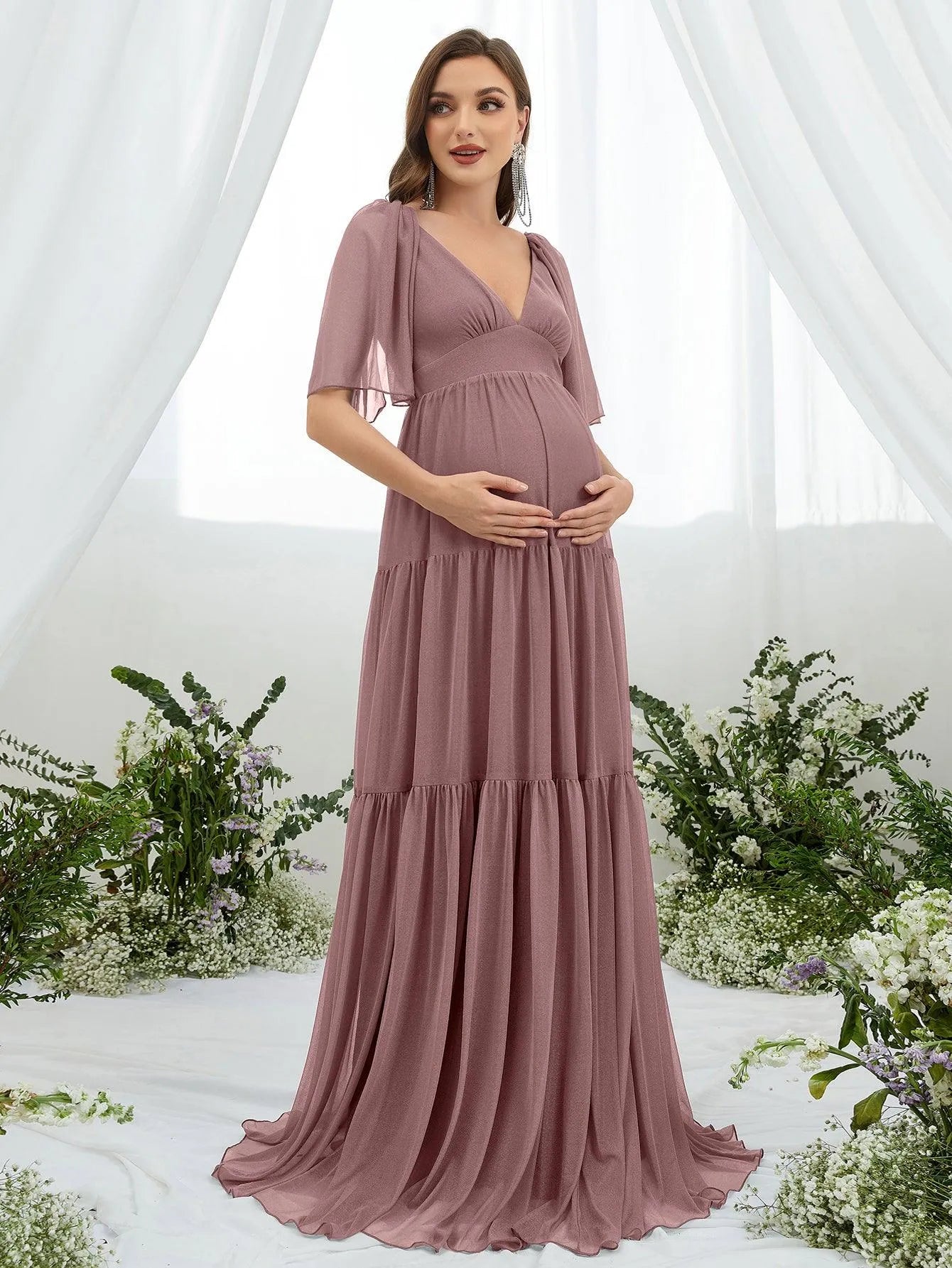 Maternity Plunging Neck Butterfly Sleeve Ruffle Hem Dress - Elonnashop