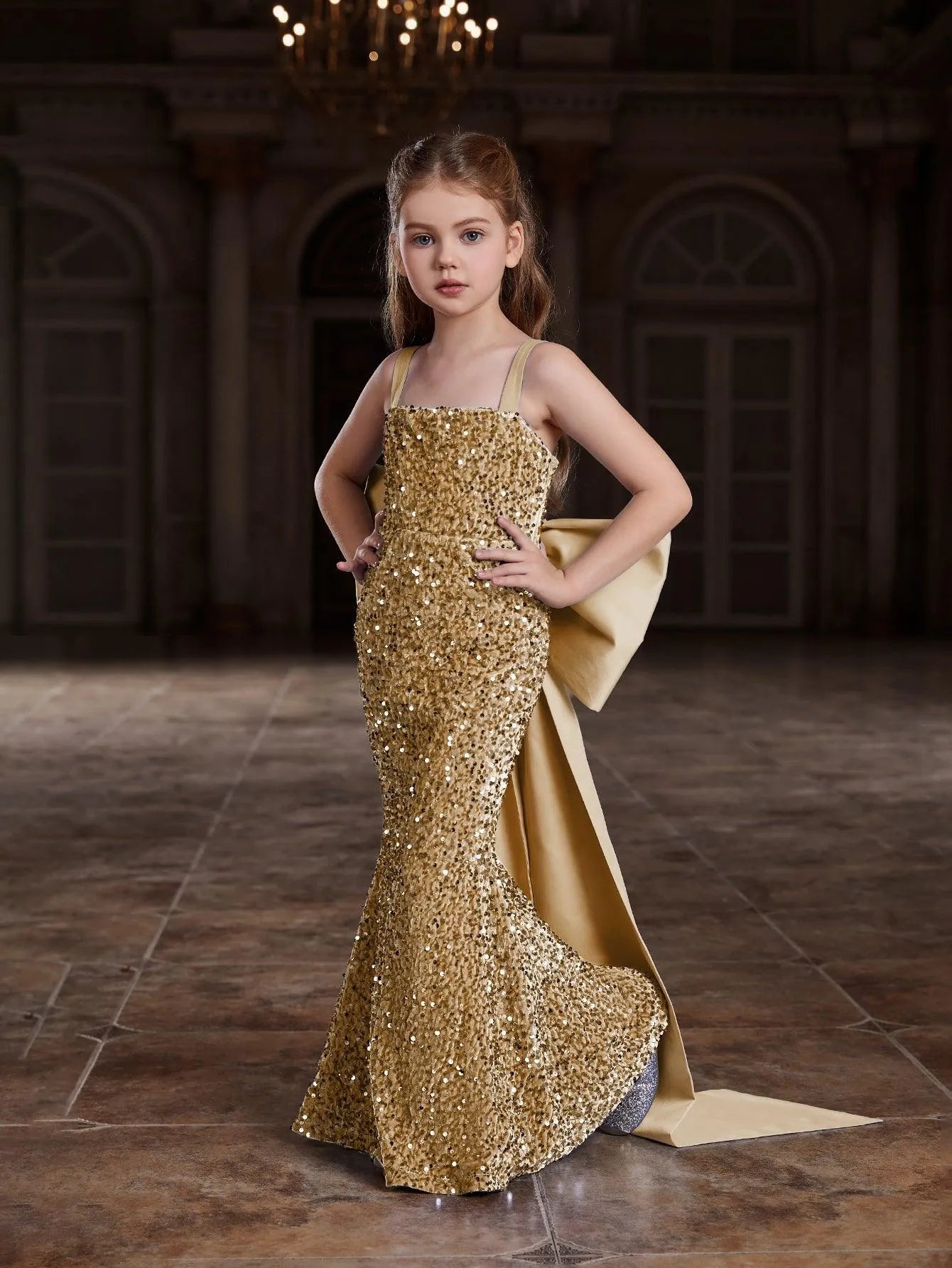 Tween Girls' Square Collar Sequin Mermaid Dress With Big Bow Elonnashop Tween Girls' Square Collar Sequin Mermaid Dress With Big Bow Elonnashop