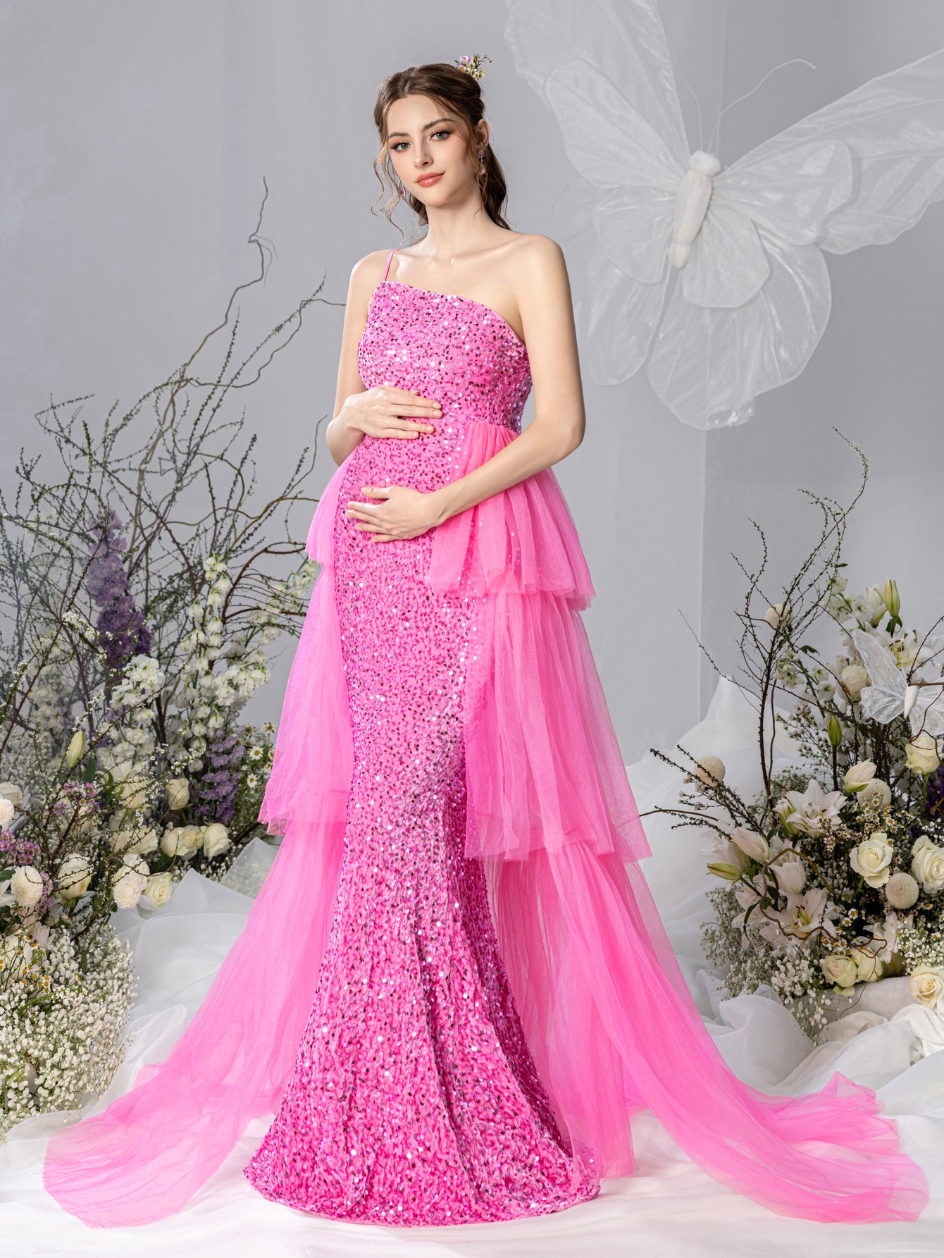 Maternity One Shoulder Layered Mesh Overlay Sequin Party Dress