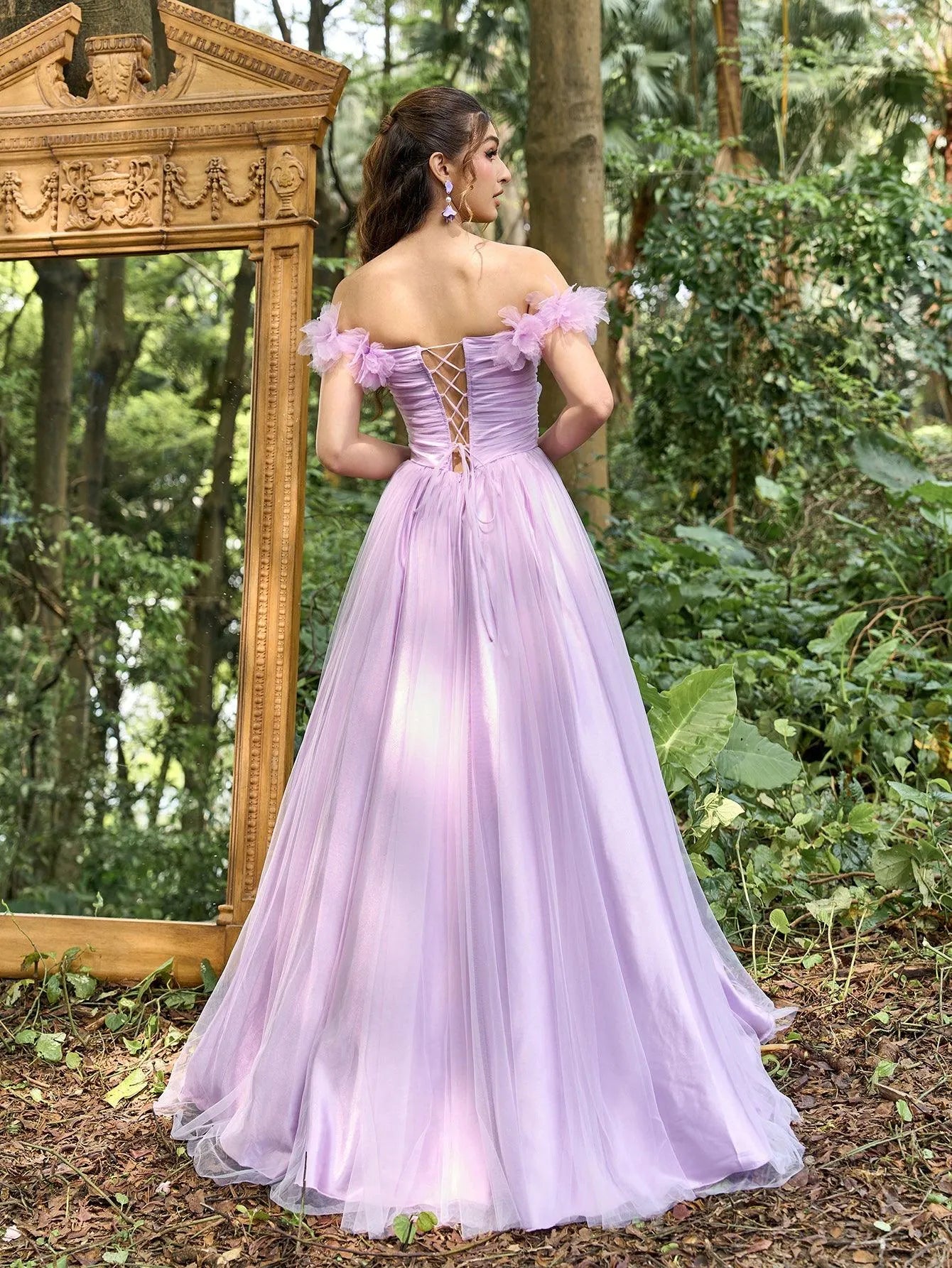 Elegant Off Shoulder Ruched Bust Split Thigh Tulle Prom Dress - Elonnashop