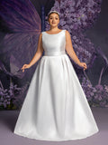 Plus Boat Neck Backless Satin A-line Wedding Dress