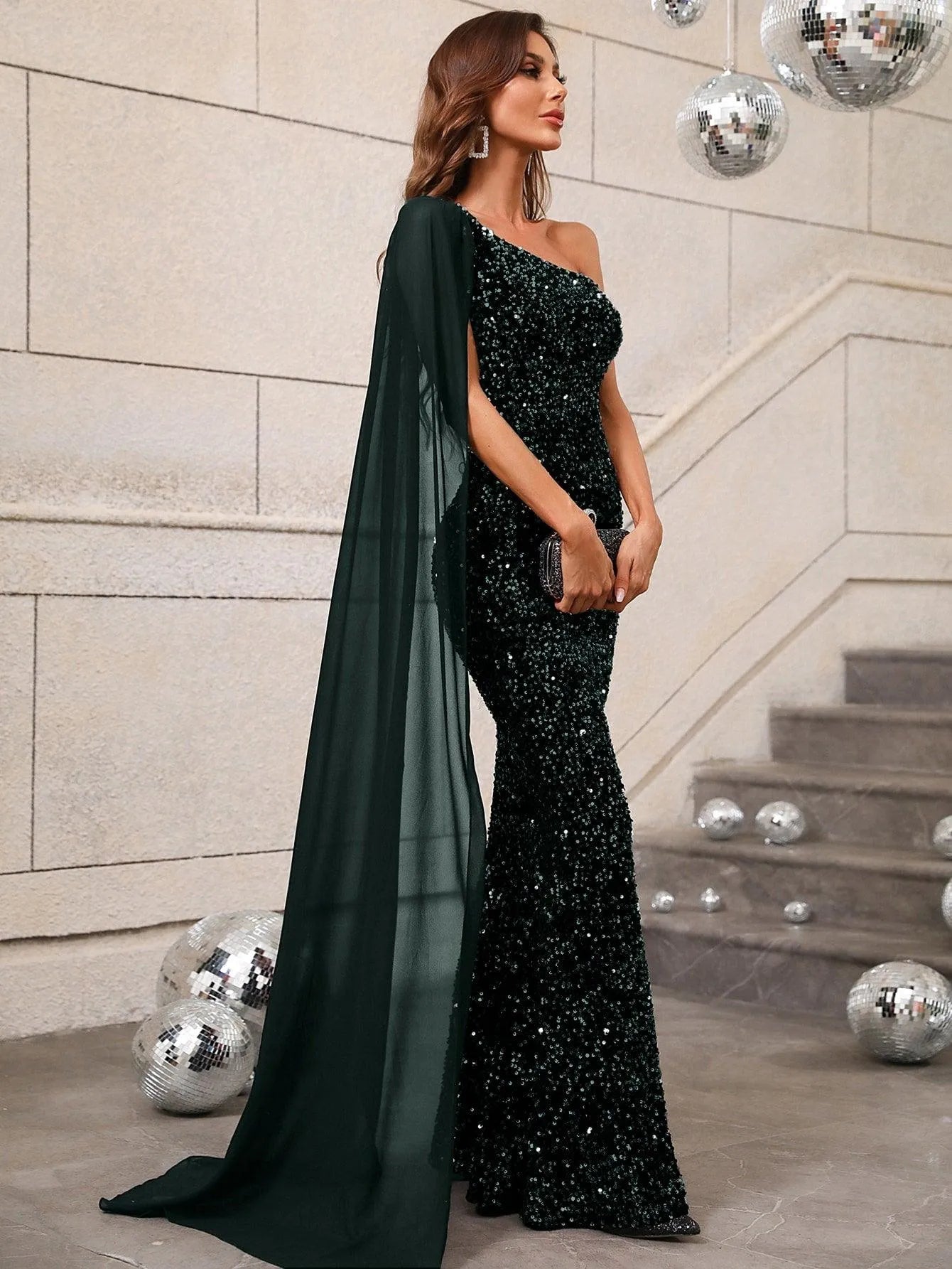 Elegant Sequin One Shoulder Sash Prom Dresses - Elonnashop