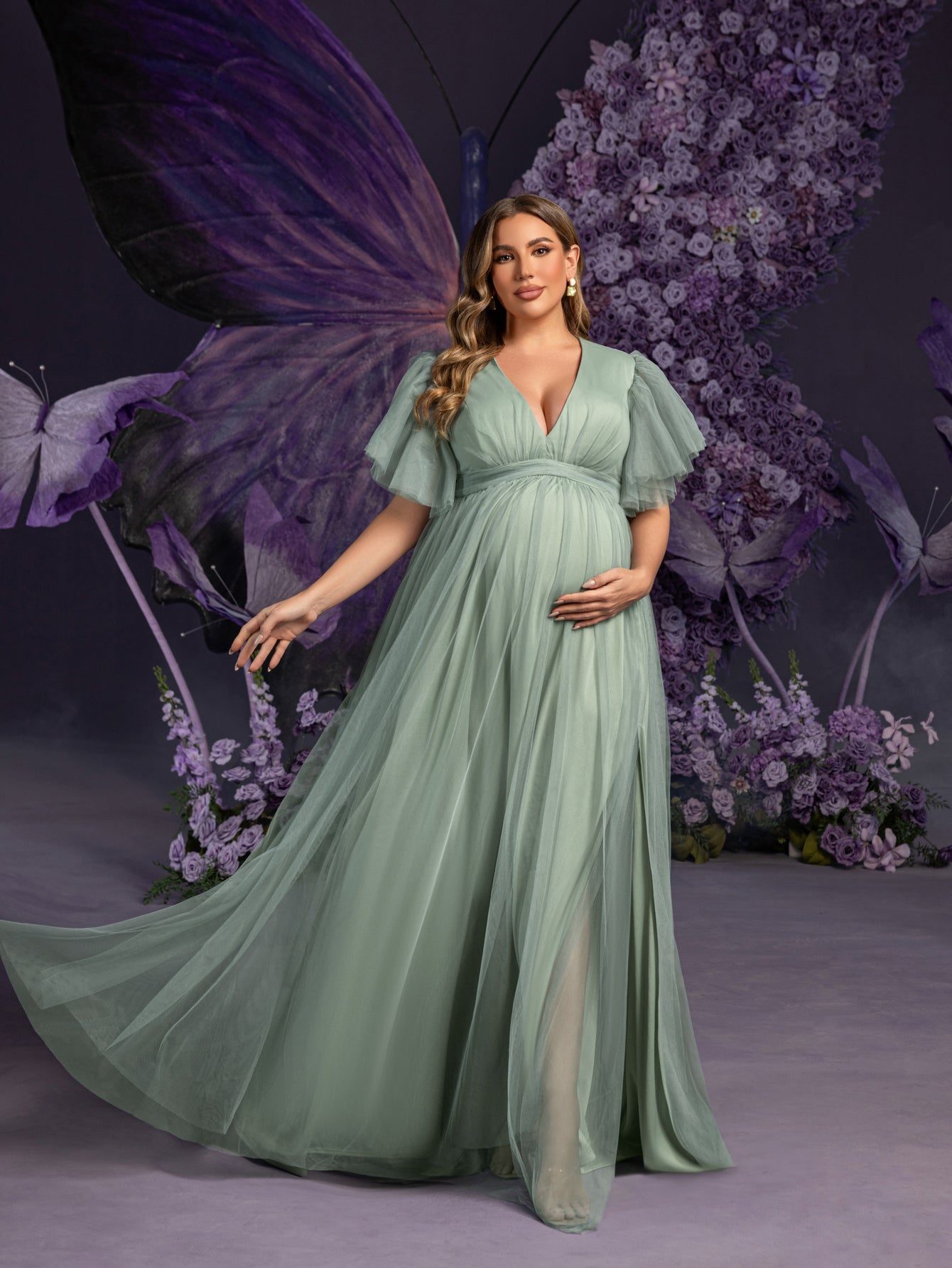 Plus Maternity V Neck Layered Ruffle Sleeves Split Prom Dress