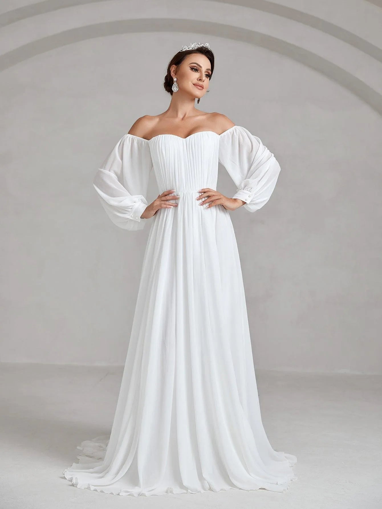 Off Shoulder Lantern Sleeve Chiffon Wedding Dress - Elonnashop