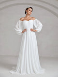 Off Shoulder Lantern Sleeve Chiffon Wedding Dress - Elonnashop