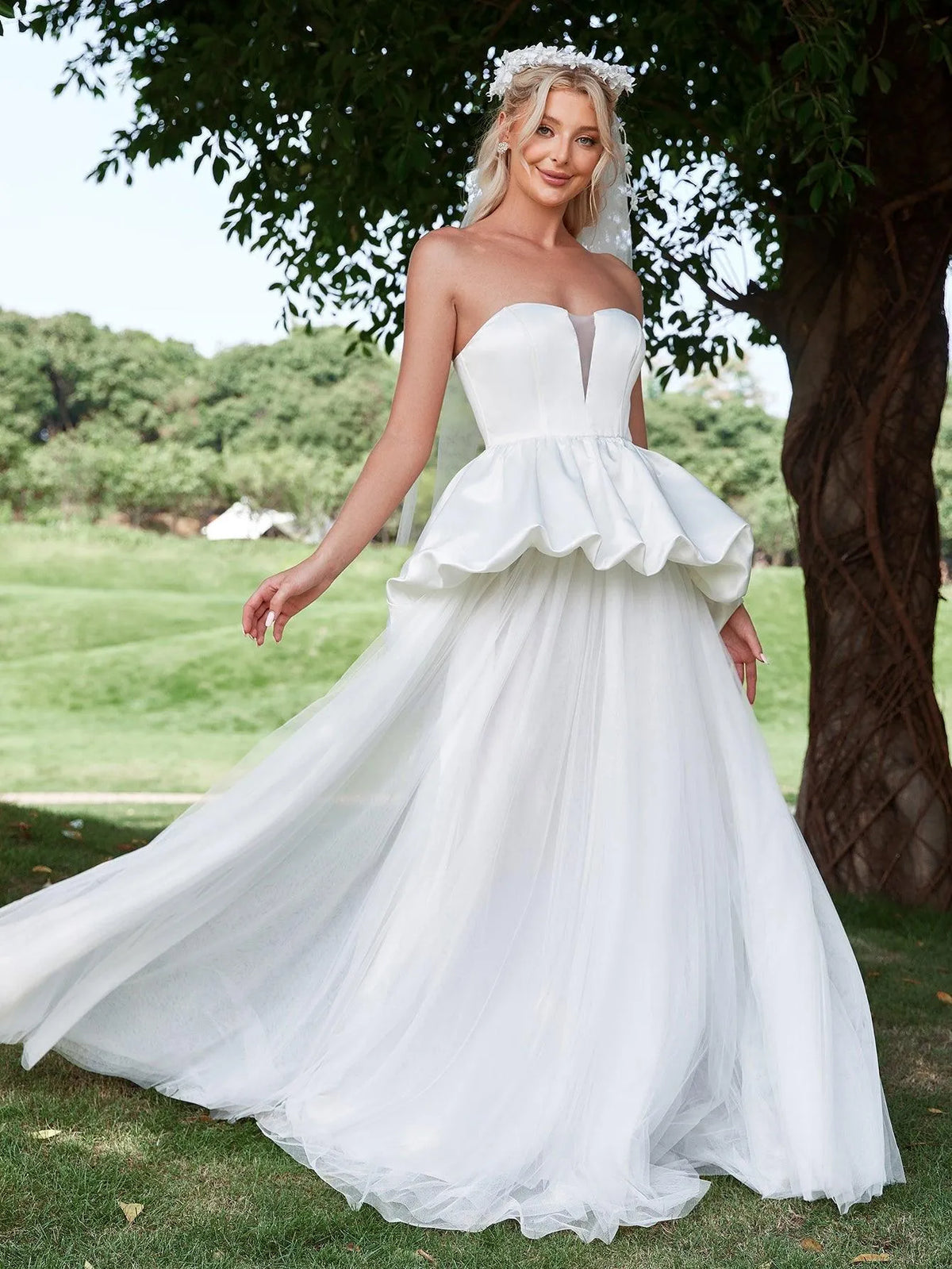 Ruffle Trim Mesh Overlay Satin Tube Wedding Dress - Elonnashop