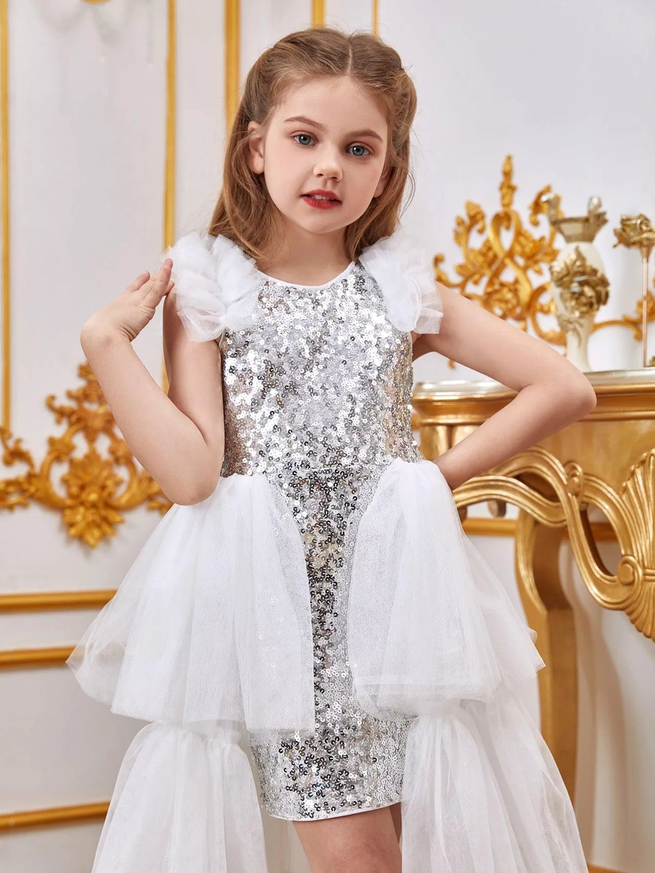 girls white sequin dress White Sequin Baby Girl Dress: Sparkly Princess Occasion Gown