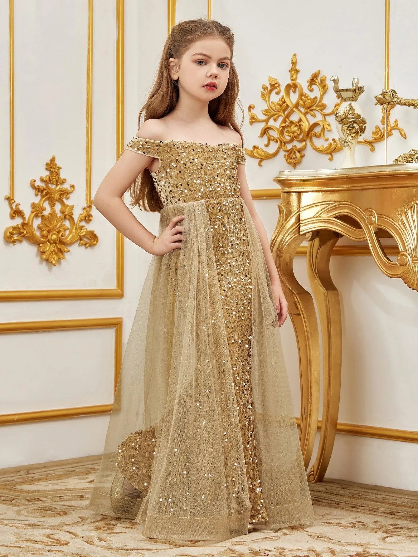 Tween Prom Tween Girls' Off Shoulder Mesh Overlay Sequined Prom Dress – Elonnashop