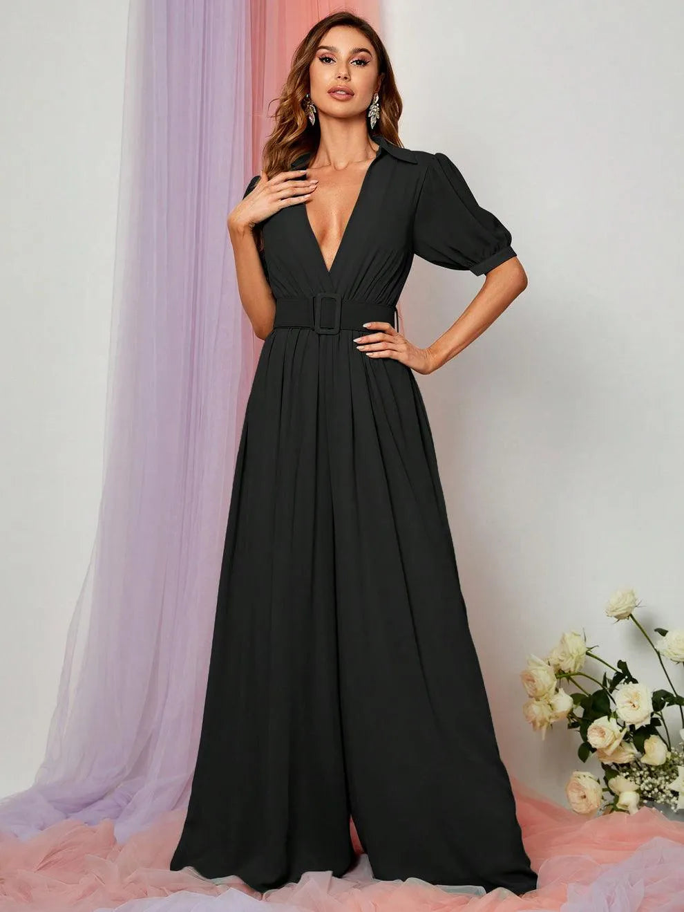 Plunging Neck Puff Sleeves Wide Leg Jumpsuit - Elonnashop