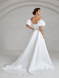 Puff Sleeve Rhinestone Waistband Satin Tube Wedding Dress - Elonnashop