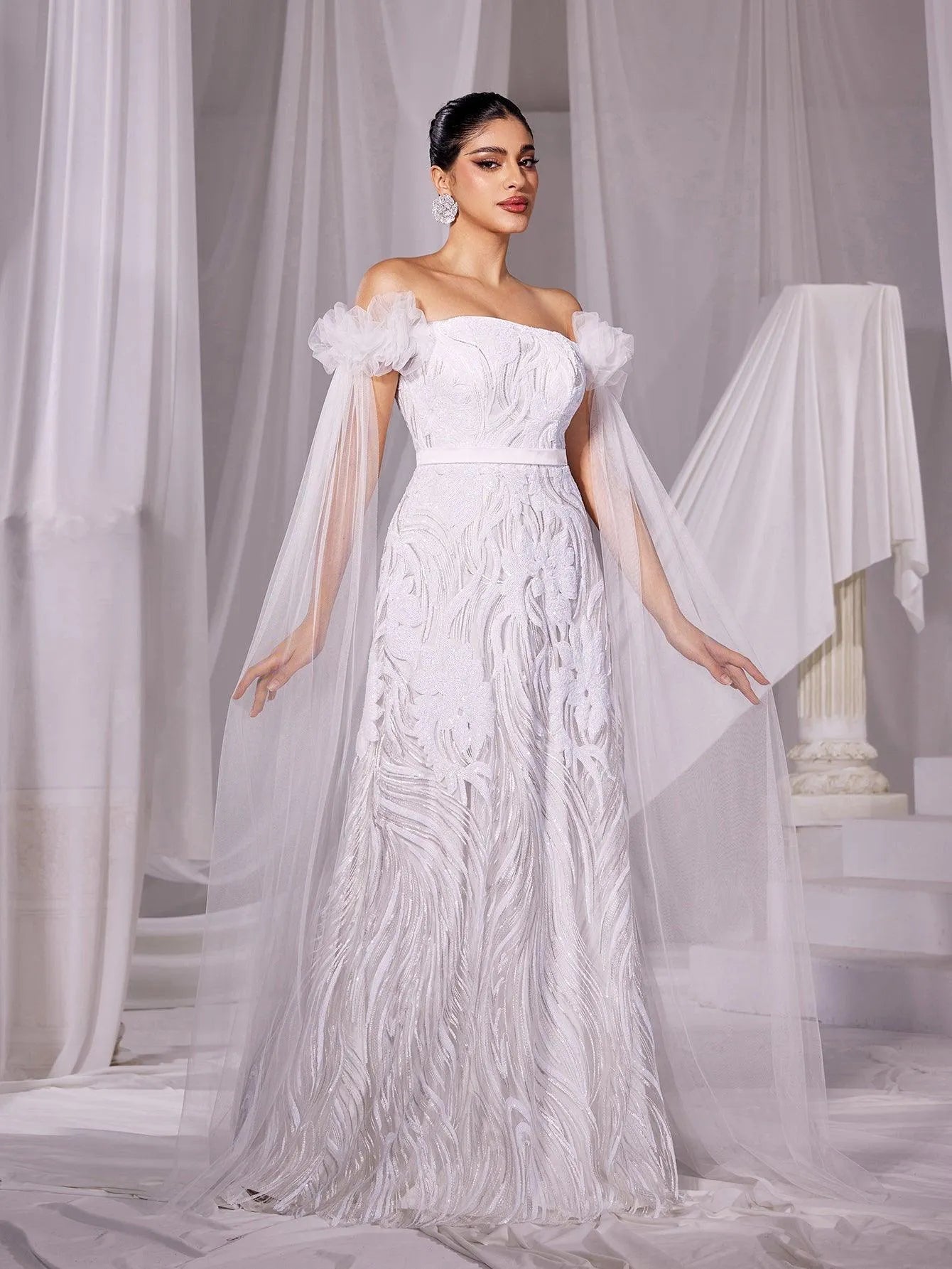 Elegant Off Shoulder Cloak Sleeves Wedding Dress - Elonnashop