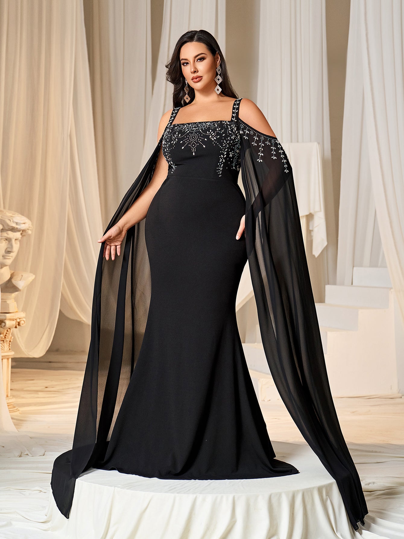 Plus Rhinestone Detail Cold Shoulder Cloak Sleeves Mermaid Hem Formal Dress Evening Dress