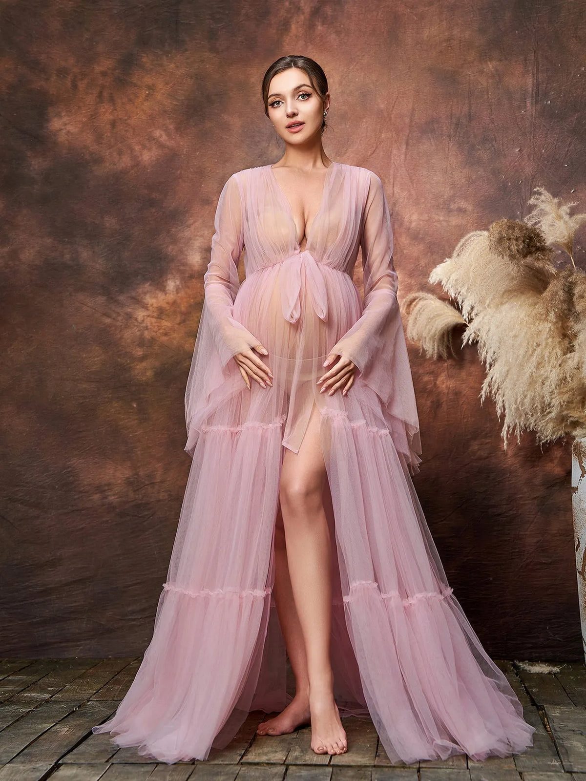 Maternity Plunging Neck Sheer Sleeves Layered Mesh Photography Dress