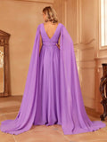 Plunging Neck Cloak Sleeve Chiffon A Line Dress - Elonnashop