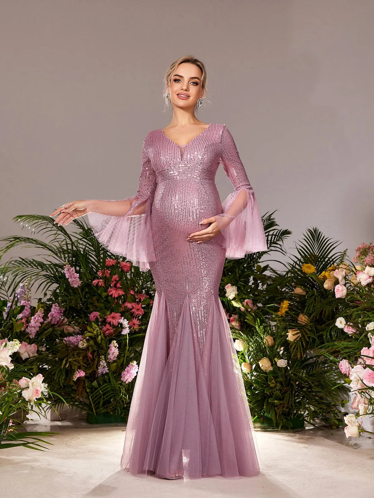 Maternity Plunging Neck Flared Sleeves Mermaid Hem Sequin Evening Dress