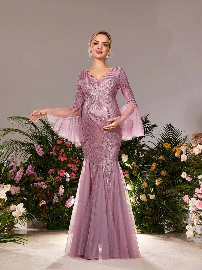 green emerald velvet dress Maternity V Neck Backless Mesh Party Dress – Elonnashop main image 0