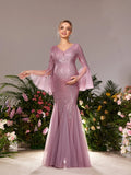 Maternity Plunging Neck Flared Sleeves Mermaid Hem Sequin Evening Dress